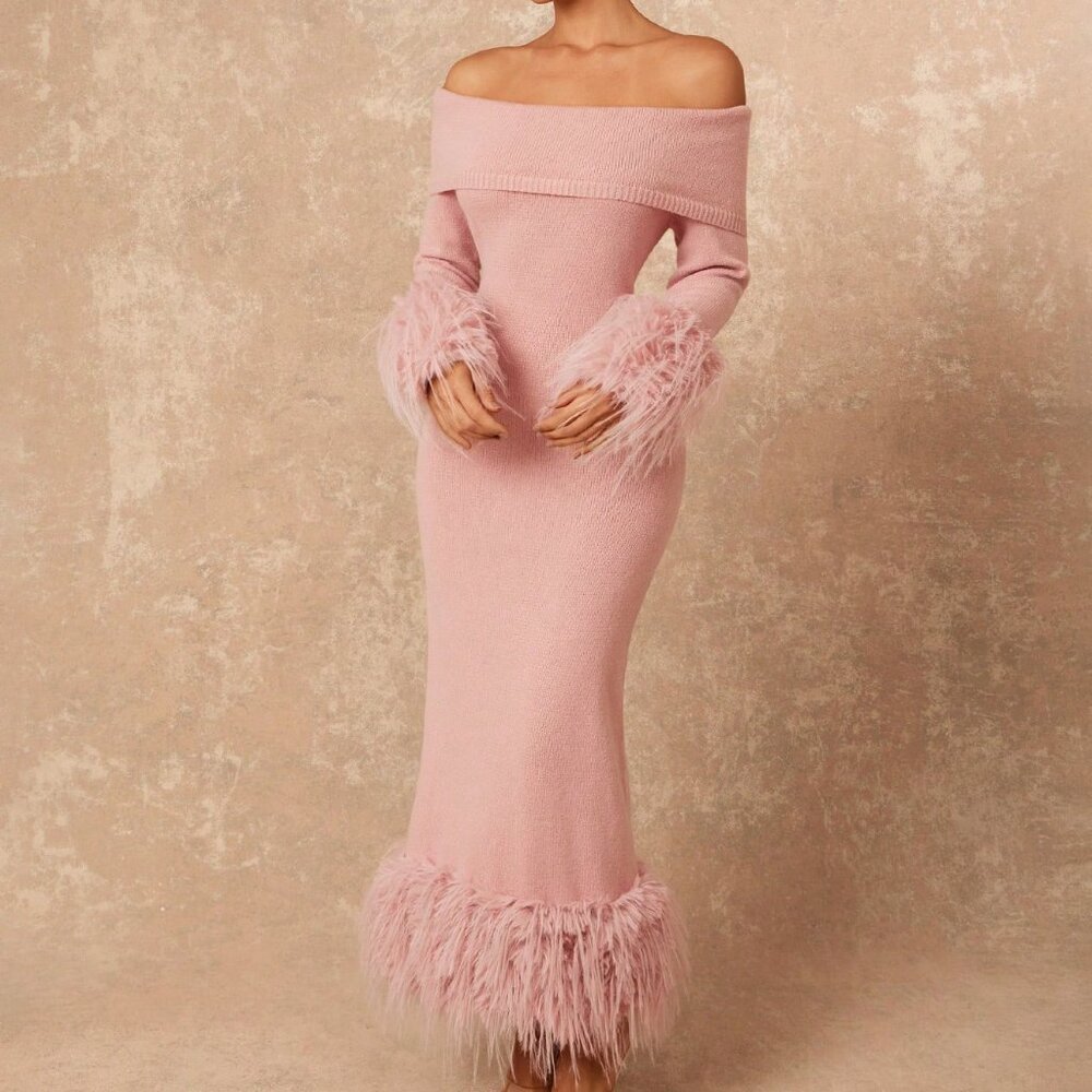 Pink Faux Fur Off Shoulder Bodycon sweater Maxi dress - Picture 8 of 8